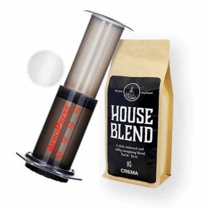 Cafeteira AeroPress + Filtro Metálico Permanente + Café Crema House Blend 250 g - Desfrute de um café intenso e perfumado em casa!