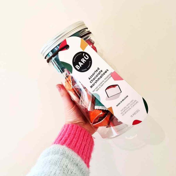 Marshmallows de Chocolate Barú, sortidos num elegante pote de presente - 208g. Delicie-se com esta especialidade belga! Ideal para presentear.