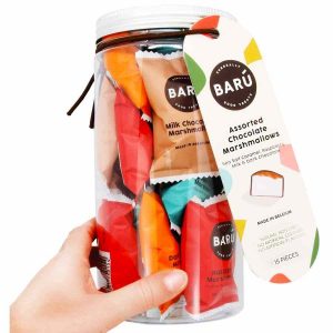 Deliciosos marshmallows de chocolate Barú em pote de presente, 208g. Surpreenda alguém especial com estes doces sortidos de alta qualidade!