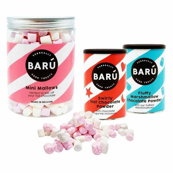 Delícias de chocolate: Barú Mini Malvas 220g, Marshmallow Fofo Chocolate em Pó 250g e Chocolate Quente Swirly 250g - Conjunto irresistível para os amantes do chocolate! Compre online.