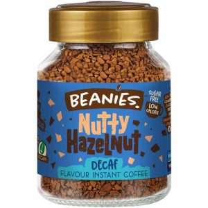 Café Descafeinado Beanies Instantâneo com Sabor a Avelã e Nozes 50 g - Delicioso e Aromático, Perfeito para os Amantes de Café sem Cafeína.