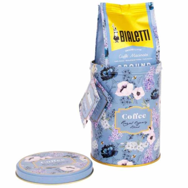 Café Moído Bialetti Bridgerton Royal Regency Blend de 250 g num elegante lata. Desfrute deste café de qualidade premium em casa!