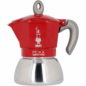 Máquina de café vermelha Bialetti Moka para fogão de indução, elegância e qualidade para seu café diário.