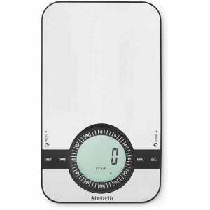 Balança de cozinha Brabantia com temporizador, design elegante para uma medição precisa dos ingredientes ao cozinhar em casa.