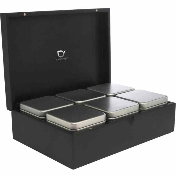 Conjunto premium de chá em caixa de bambu preto Bredemeijer com 6 latas de chá - Tenha momentos especiais com este luxuoso conjunto de chá!