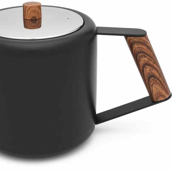 Bule Bredemeijer Duet® Boston 1100 ml, elegante design preto fosco / madeira para chá. Desfrute de momentos especiais com este produto premium.