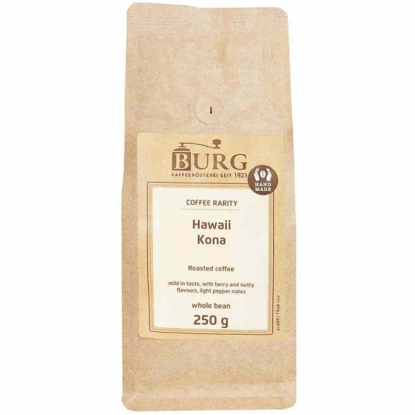 Grãos de café Burg Hawaii Kona, 100% puro e aromático, para os amantes de café exigentes. Compre online e desfrute de uma experiência única.