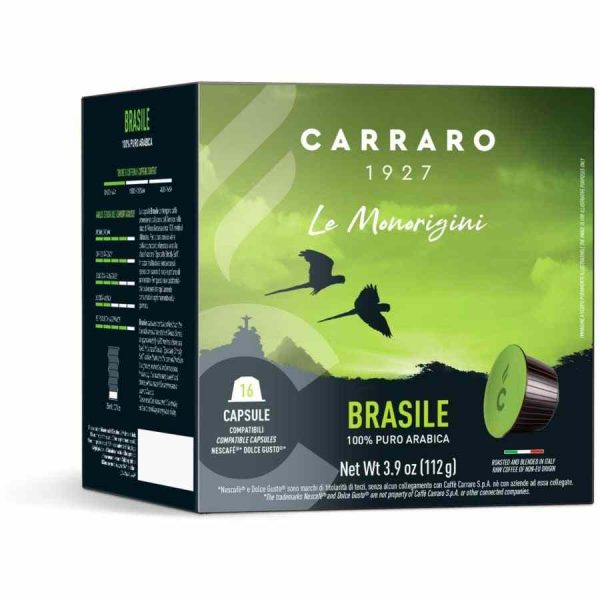 Cápsulas de café de alta qualidade compatíveis com Carraro 1927 Brasile Dolce Gusto®, embalagem de 16 unidades - Aromas intensos e encorpados para desfrutar em casa.