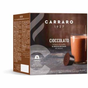 Cápsulas de cacau premium para a sua máquina Carraro 1927 Chocolate Dolce Gusto®. Desfrute de 16 doses deliciosas e intensas.