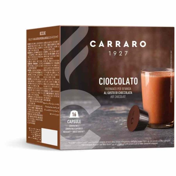 Cápsulas de cacau premium para a sua máquina Carraro 1927 Chocolate Dolce Gusto®. Desfrute de 16 doses deliciosas e intensas.