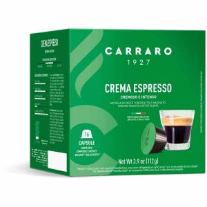 Delicie-se com 16 cápsulas de café compatíveis com Carraro 1927 Crema Espresso Dolce Gusto®. Aprecie o melhor aroma e sabor em casa!