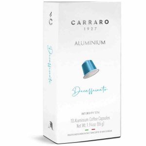 Cápsulas de café descafeinado de alta qualidade compatíveis com Nespresso. Desfrute de 10 unidades de sabor intenso e sem cafeína da Carraro 1927.