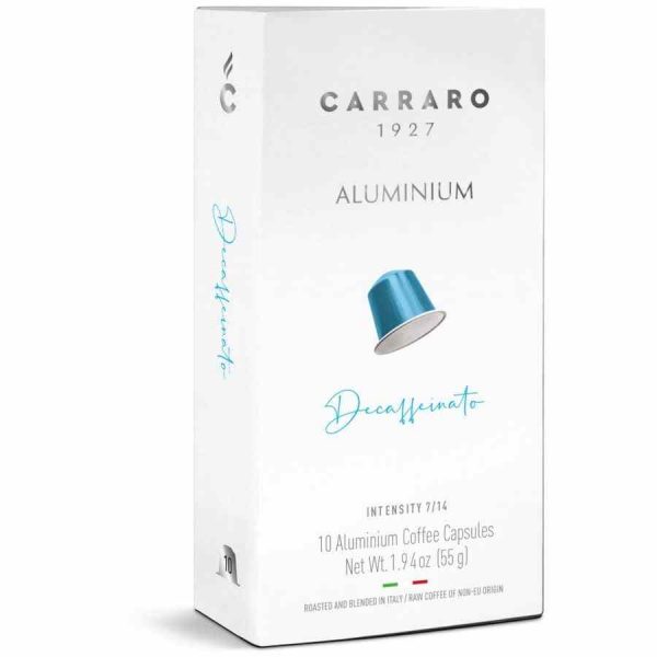 Cápsulas de café descafeinado de alta qualidade compatíveis com Nespresso. Desfrute de 10 unidades de sabor intenso e sem cafeína da Carraro 1927.