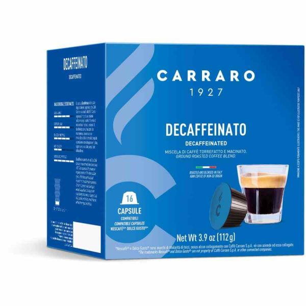 Cápsulas de café de alta qualidade para Carraro 1927 Decaffeinato Dolce Gusto®, pack com 16 unidades. Desfrute de um café delicioso e suave a qualquer hora do dia!