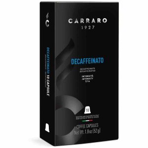 Cápsulas de Café Carraro 1927 Descafeinado Premium, compatíveis com Nespresso. Conjunto de 10 unidades para apreciar em casa ou no escritório. Ideal para os amantes de café descafeinado. Qualidade premium.