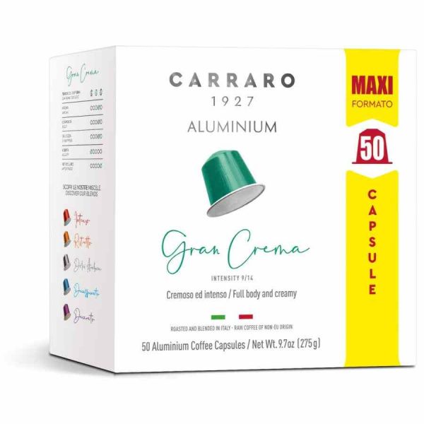 Cápsulas de Café Carraro 1927 Gran Crema, compatíveis com Nespresso - Conjunto de 50 unidades para um café de excelência em casa.