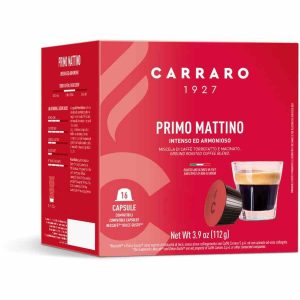Cápsulas de café intensamente aromáticas para Dolce Gusto®, embalagem com 16 unidades - Compatíveis com Carraro 1927 Primo Mattino. Desfrute de um despertar suave e delicioso todas as manhãs!