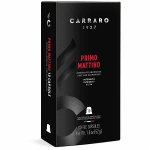 Cápsulas de café compatíveis com Nespresso Carraro 1927 Primo Mattino Premium. Desfrute de 10 unidades de café de alta qualidade para as suas manhãs perfeitas!