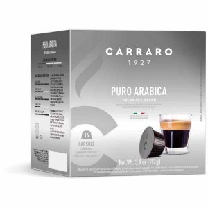 Cápsulas de café premium com aroma intenso, compatíveis com a máquina Carraro 1927 Pure Arábica Dolce Gusto®. Desfrute do sabor puro em cada cápsula.