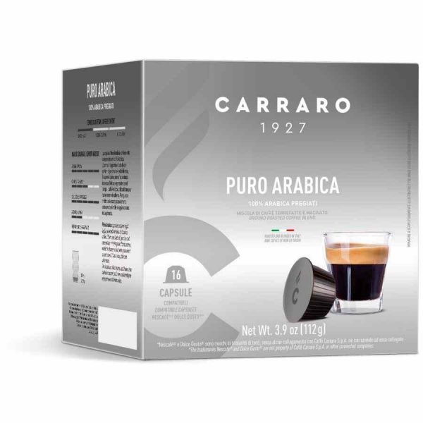 Cápsulas de café premium com aroma intenso, compatíveis com a máquina Carraro 1927 Pure Arábica Dolce Gusto®. Desfrute do sabor puro em cada cápsula.