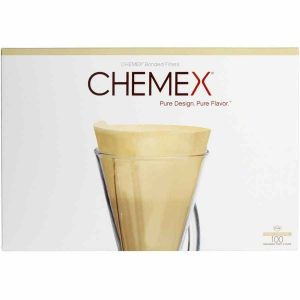 Pacote de 100 Papéis de filtro Chemex Brown para cafeteira de 3 xícaras, excelente qualidade para um café perfeito. Compre online!