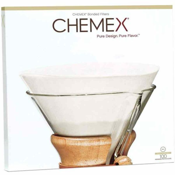 Filtros de papel originais Chemex para café fresco - Pack 100 unidades. Compatível com cafeteiras 6, 8 e 10 chávenas. Aprecie o seu café perfeito!