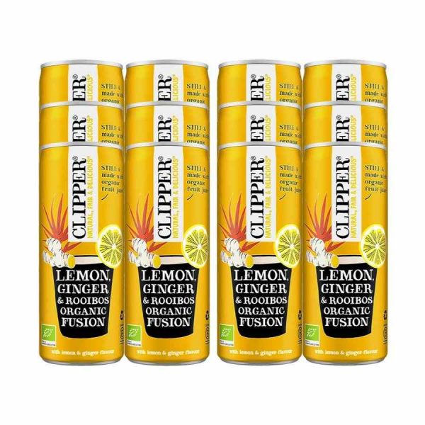 Refrescante bebida orgânica de limão, gengibre e rooibos da Clipper. Pacote com 12 garrafas de 250 ml. Desfrute de uma fusão única e revitalizante!
