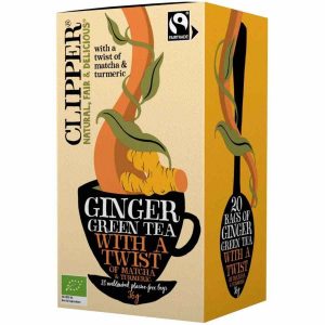 Chá verde de gengibre orgânico Clipper enriquecido com matcha e cúrcuma, 20 saquetas - Chá premium para comprar online.