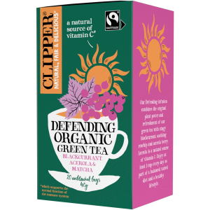 Chá verde orgânico Clipper com groselha preta, acerola e matcha - 20 saquinhos de chá para um momento revigorante e saudável.