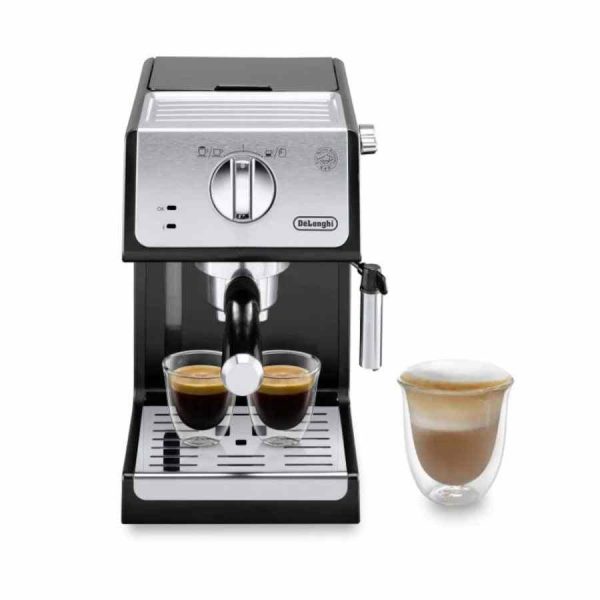 Máquina de café expresso DeLonghi ECP33.21.BK em prata e preto, design elegante e moderno para apreciar um café perfeito em casa.