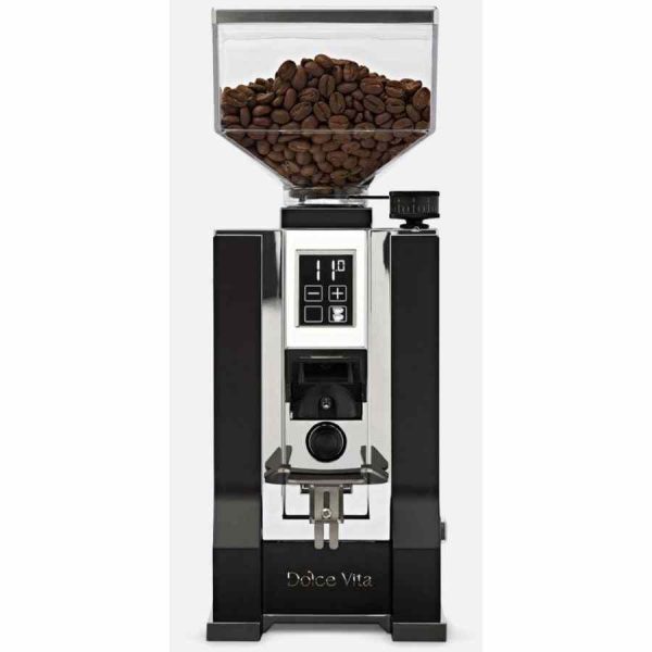 Moedor de café Eureka Oro Mignon Dolce Vita, design sofisticado em preto fosco. Desfrute do sabor autêntico em cada moagem!