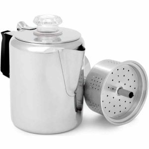 Cafeteira GSI Outdoors Glacier Stainless Percolator com alça de silicone para acampamento e viagens ao ar livre. Aproveite o melhor café em qualquer lugar!