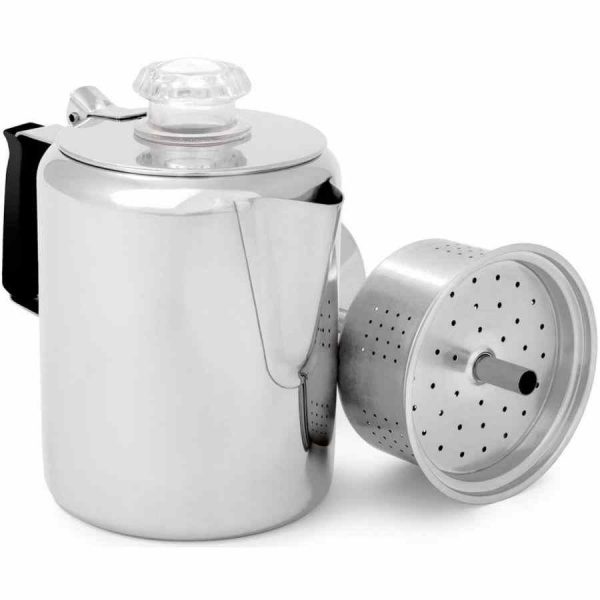 Cafeteira GSI Outdoors Glacier Stainless Percolator com alça de silicone para acampamento e viagens ao ar livre. Aproveite o melhor café em qualquer lugar!
