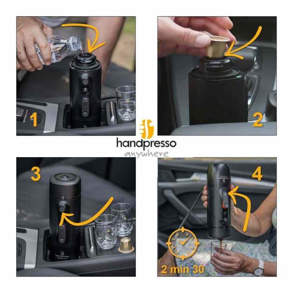 Máquina de café expresso portátil para carro, design elegante e prático para café fresco. Aproveite a sua viagem com Handpresso Auto Capsule!