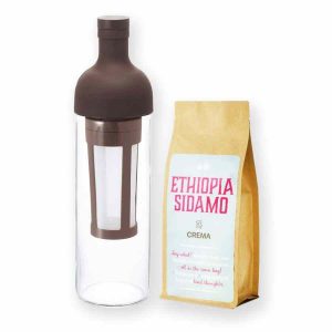 Garrafa de café Hario Filter-In Cold Brew Marrom 650 ml + Crema Etiópia Sidamo 250 g - Kit premium para café gelado de qualidade.