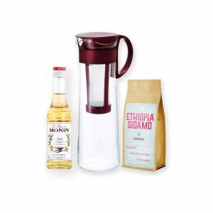 Jarro Hario Mizudashi para Café Gelado 1 l + Café Crema Etiópia Sidamo 250 g + Xarope Monin Baunilha 250 ml - Kit de Qualidade Premium para Café Gelado.