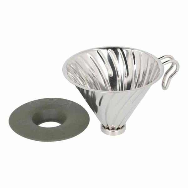 Gotejador de metal Hario V60 Outdoor tamanho 02 - verde esfumaçado com base de silicone resistente. Equipamento premium para café online.