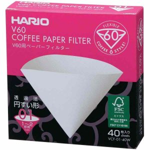 Caixa de filtros de papel de café Hario V60 tamanho 01 para um café perfeito em casa. Compatível para cafeteiras V60. Qualidade premium.