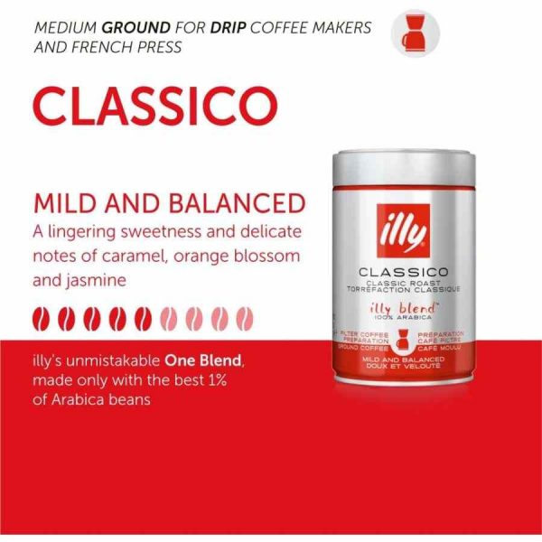 Café de filtro moído illy Classico 12 x 250 g - Desfrute de uma chávena perfeita com o sabor intenso do café italiano illy. Ideal para os amantes de café!