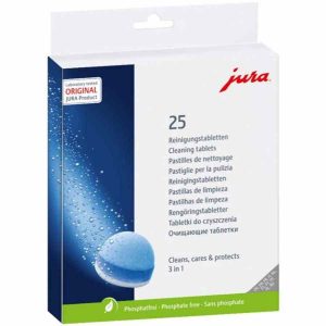 Pastilhas de limpeza trifásicas Jura para manter a sua máquina de café impecável. Compre já e garanta a limpeza perfeita!