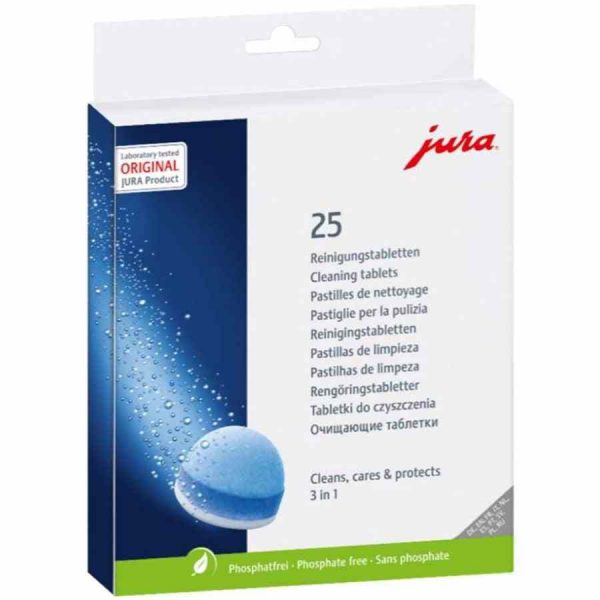 Pastilhas de limpeza trifásicas Jura para manter a sua máquina de café impecável. Compre já e garanta a limpeza perfeita!