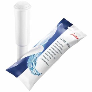 Filtro de água Jura Claris branco para purificar e melhorar a qualidade da água. Compatível com máquinas de café Jura. Ideal para o seu lar.