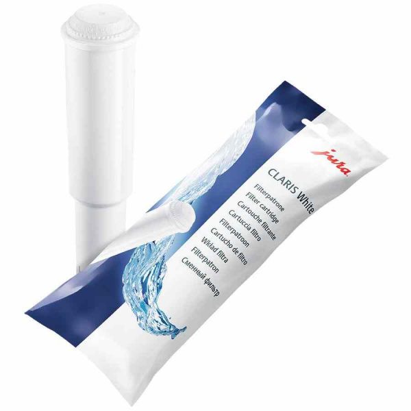 Filtro de água Jura Claris branco para purificar e melhorar a qualidade da água. Compatível com máquinas de café Jura. Ideal para o seu lar.