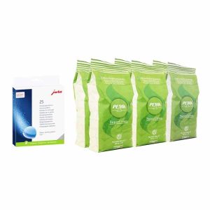 Pastilhas de Limpeza Jura 25 un + Grãos de Café Pera Super Crema 6 x 1 kg - Pacote de limpeza e café premium para sua máquina Jura, qualidade garantida.