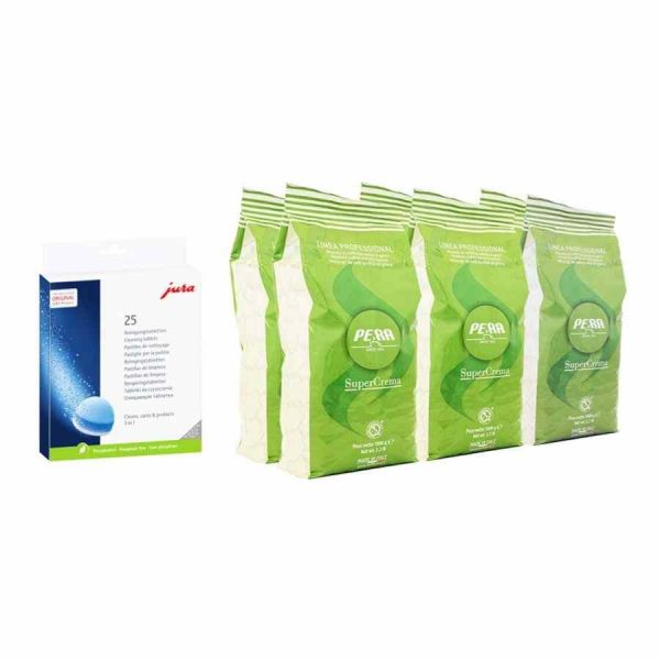 Pastilhas de Limpeza Jura 25 un + Grãos de Café Pera Super Crema 6 x 1 kg - Pacote de limpeza e café premium para sua máquina Jura, qualidade garantida.