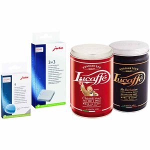 Conjunto de Limpeza Jura: 6 Pastilhas de Limpeza + 3 Pastilhas Descalcificantes + Café Lucaffé Classic 250g e Mr Exclusive 250g. Manutenção e sabor em um só produto! ⚙️☕