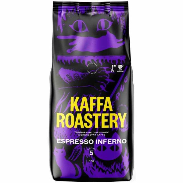 Grãos de café Kaffa Roastery Espresso Inferno, torra intensa e aromática para apreciadores exigentes. Compre já! 🌟
