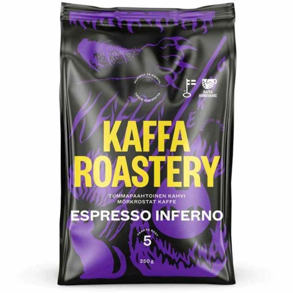 Grãos de café Kaffa Roastery Espresso Inferno: aroma intenso e sabor robusto para amantes de café exigentes. Compre online!