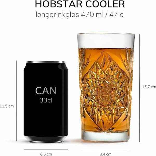 Copos de vidro Libbey Hobstar Cooler de 470 ml, transparentes, ideais para bebidas. Design vintage e elegante para qualquer ocasião.