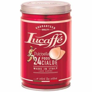 Cápsulas de café expresso Lucaffé Pulcinella E.S.E. para uma experiência de café premium em casa. Compatíveis com máquinas de café.